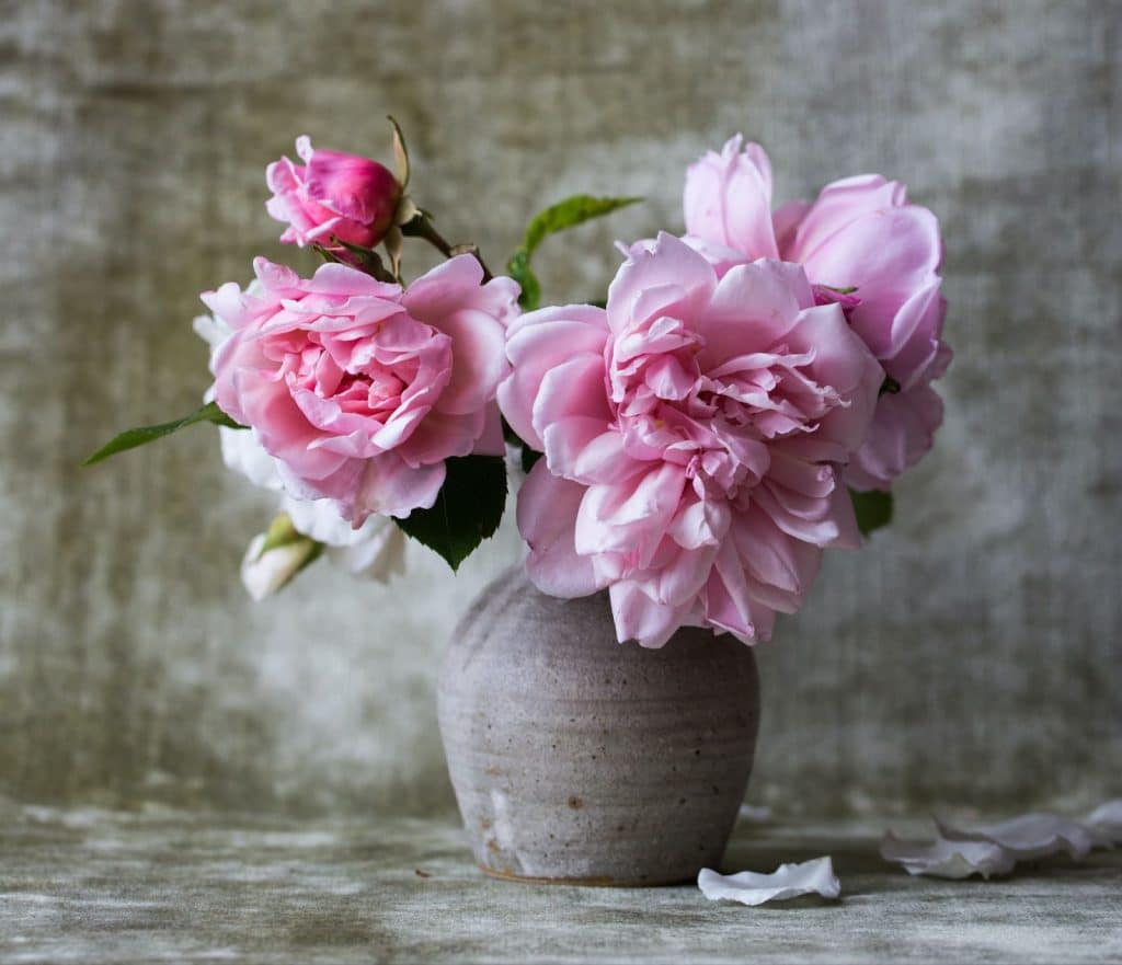 Vase funéraire en granit contenant des fleurs roses