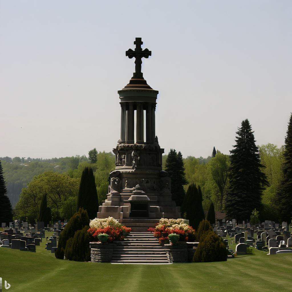 Funerary monuments in a cemetery with a main building