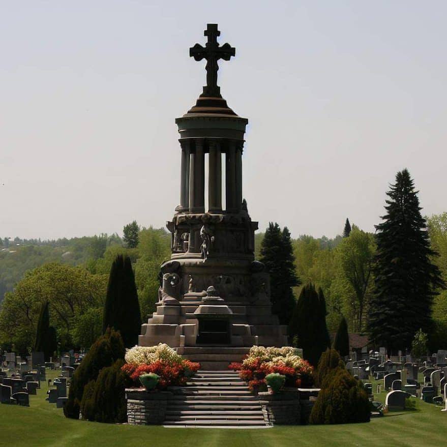 Des monuments funéraires dans un cimetière avec un édifice principal