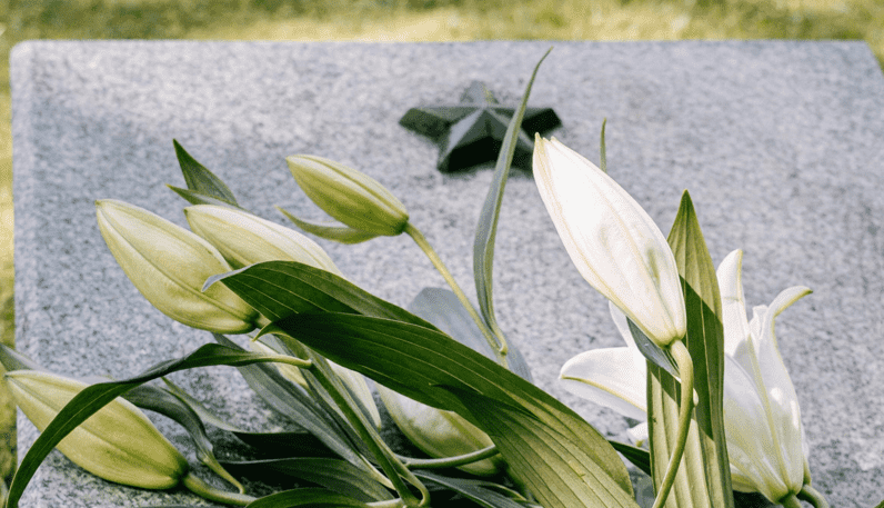 Des fleurs blanches sur une pierre tombale